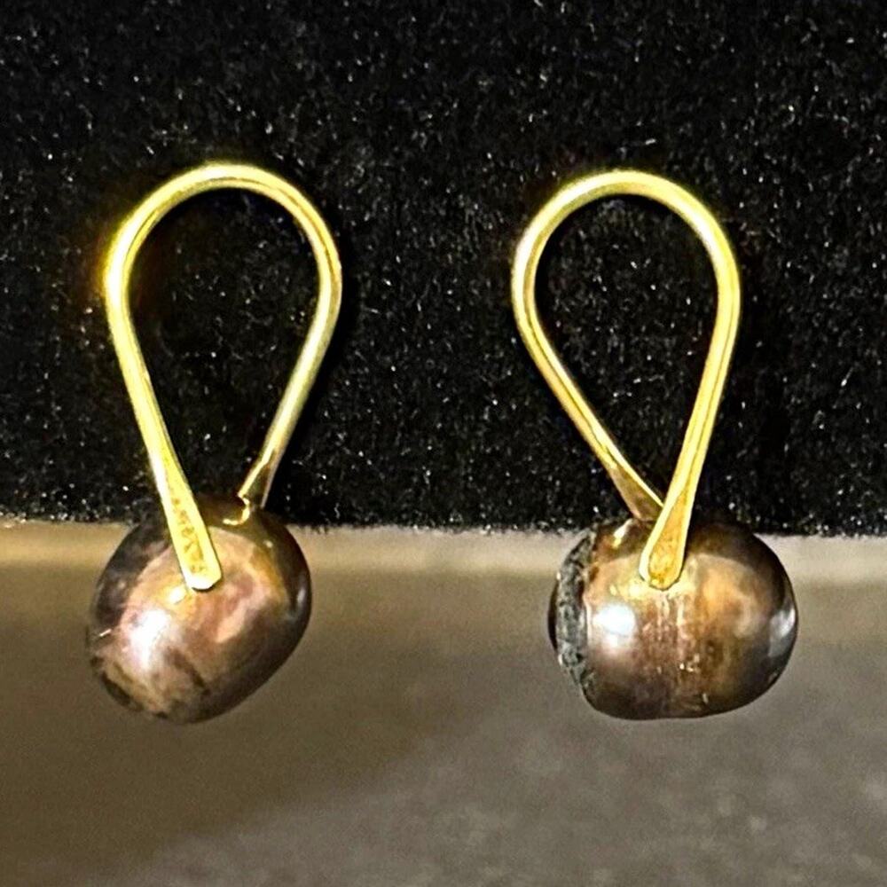 14K Yellow Gold Black Pearl Open Hook Drop Dangle Earrings 2.8g NoBack